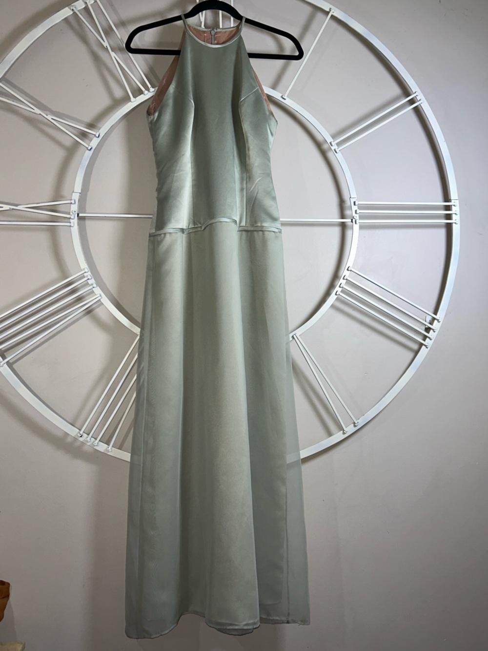 Vintage 90s Y2K Vera Wang Gold Label Sage Green Satin Mesh Halter Gown